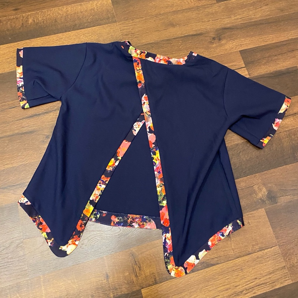 Open-Back Floral-Trim Navy Blue Blouse